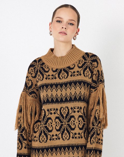 Jacquard sweater with frings