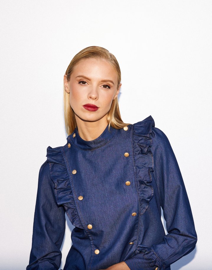 Denim shirt with ruffles