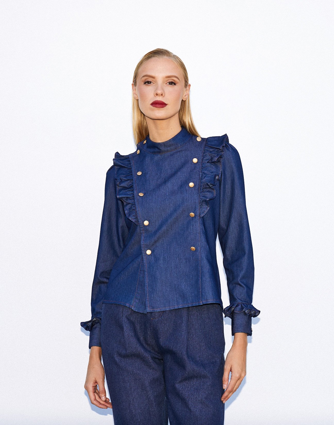 Denim shirt with ruffles