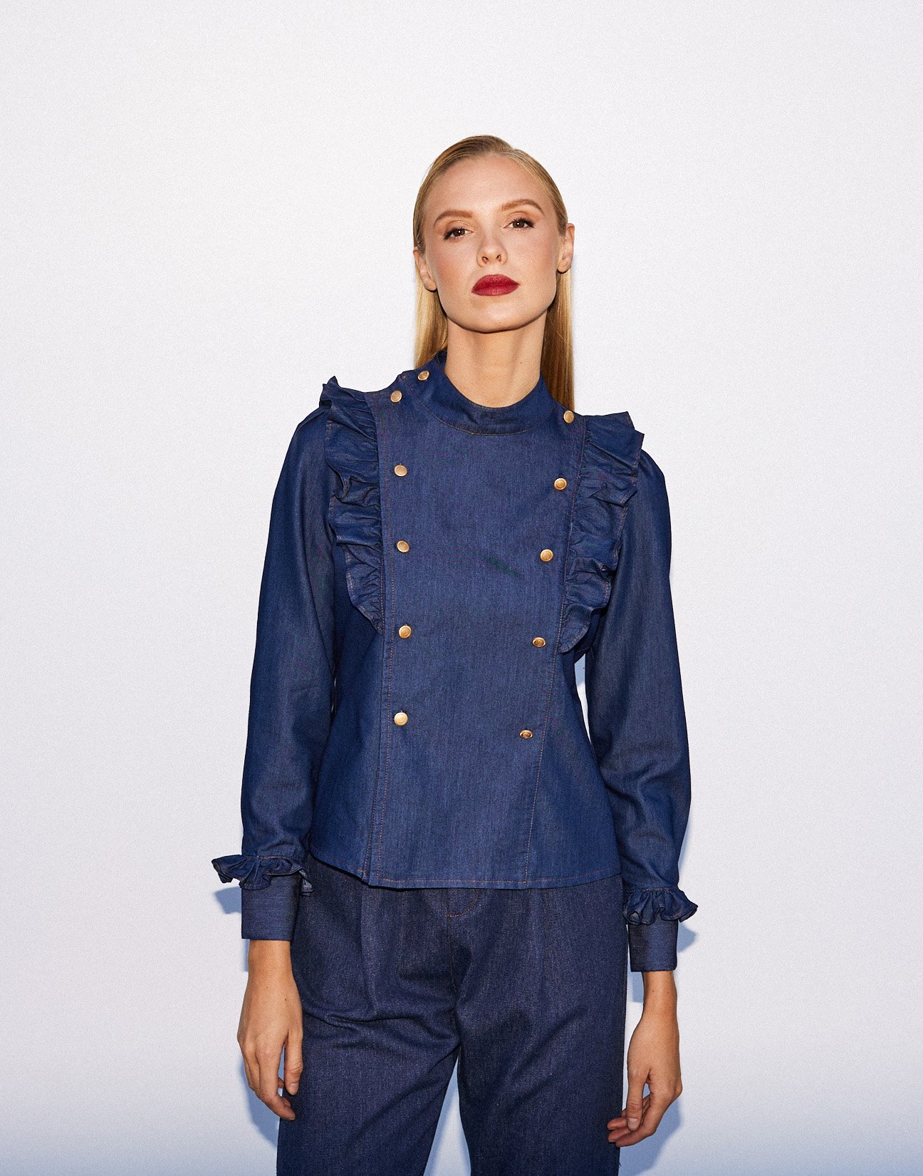 Denim shirt with ruffles