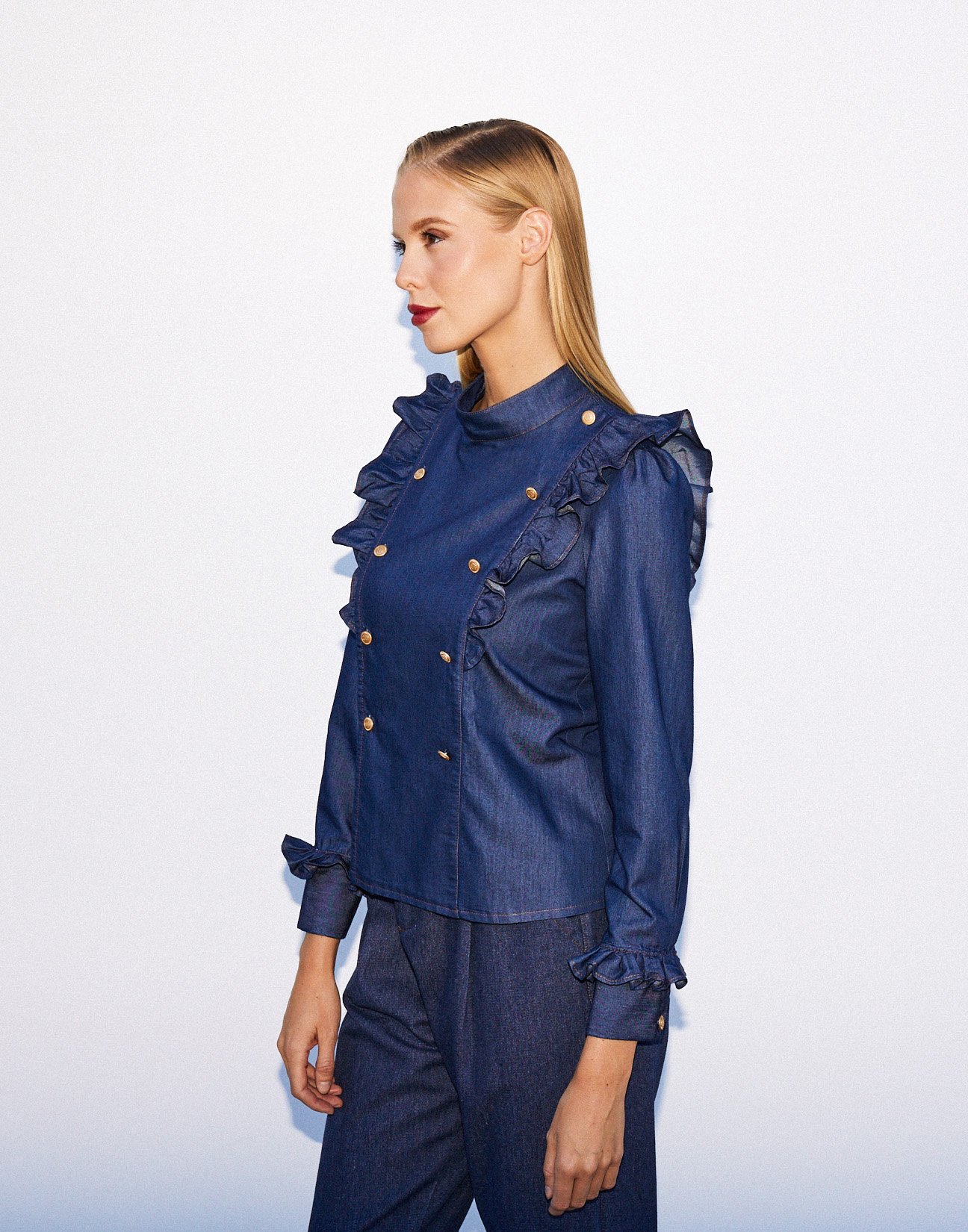 Denim shirt with ruffles