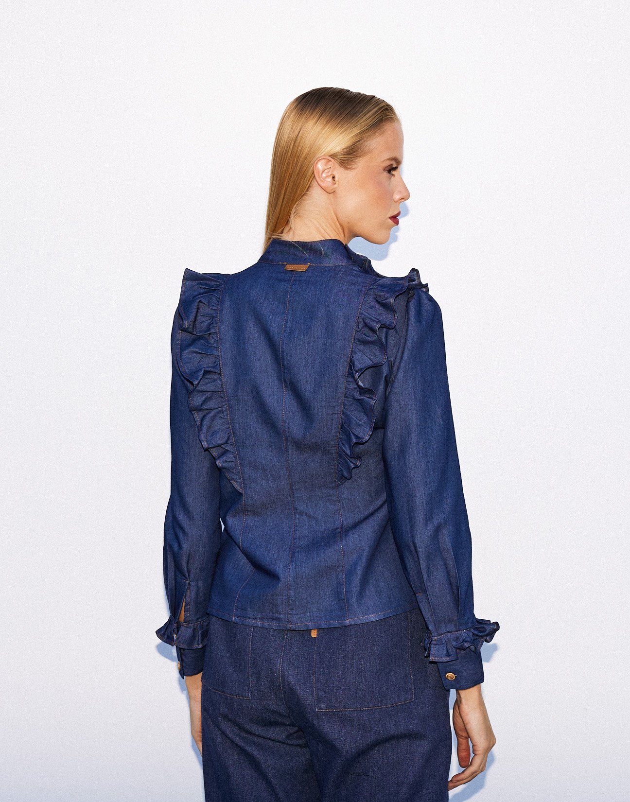 Denim shirt with ruffles